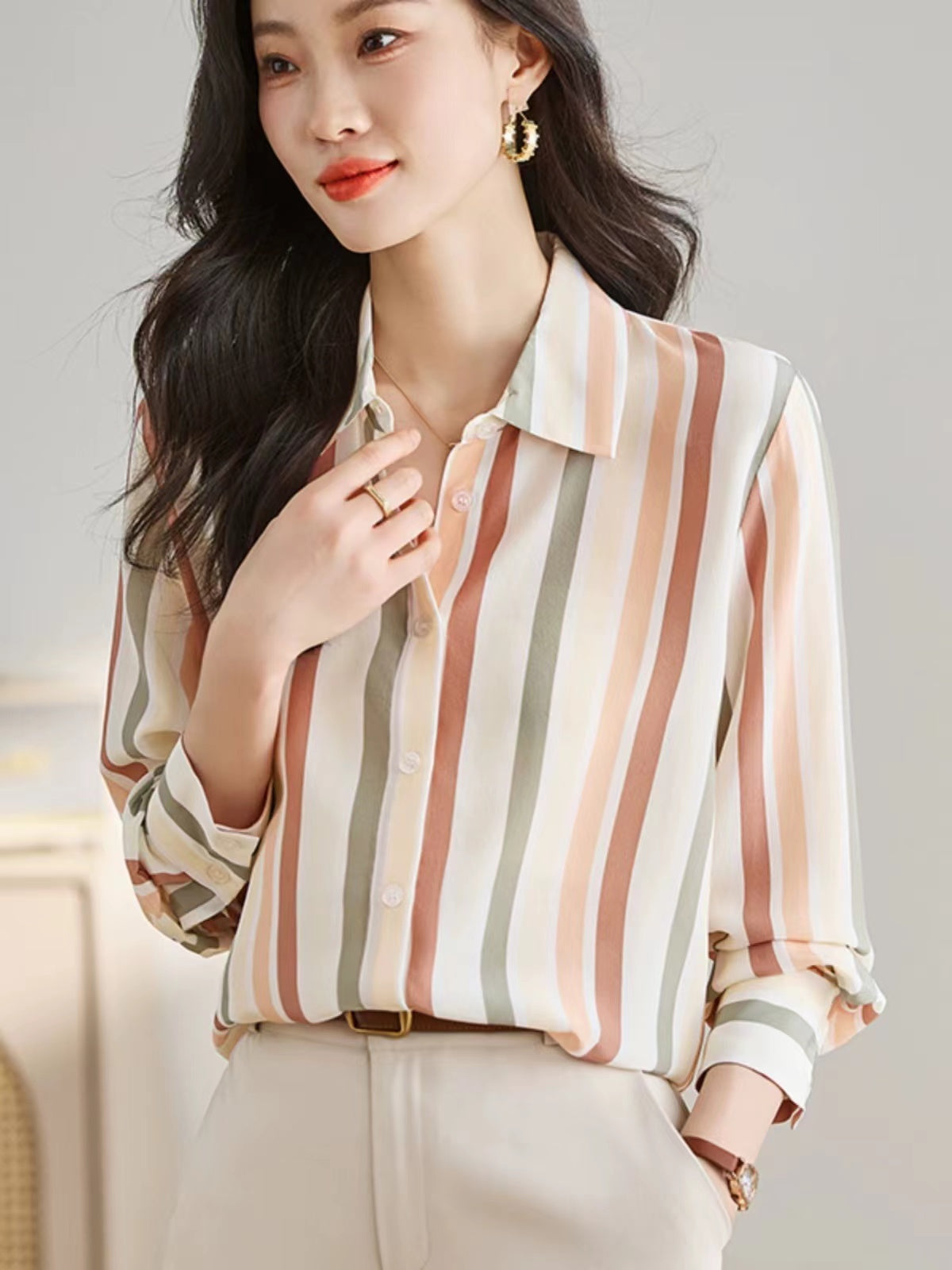 Vintage V-Neck Striped Short Sleeve Shirt