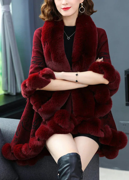 Plus Size Wine Red Fur Collar Print Patchwork Woolen Coat Fall