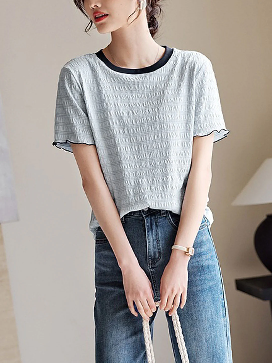 Elegant Round Neck Textured Patchwork Short Sleeve Top