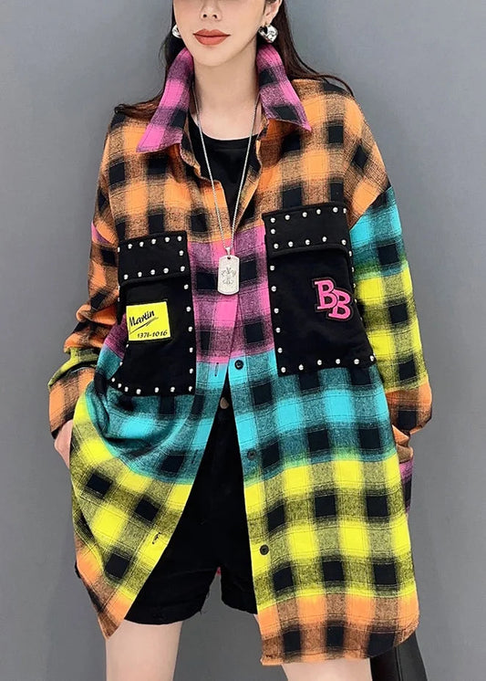 Street Yellow Plaid Button Patchwork Cotton Blouses Long Sleeve