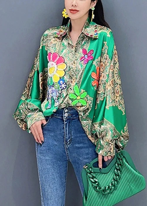 Chic Rose Nail Bead Print Patchwork Silk Shirt Batwing Sleeve