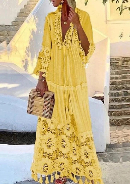 Loose Yellow Boho Deep V Neck Lace Fringe Maxi Dress