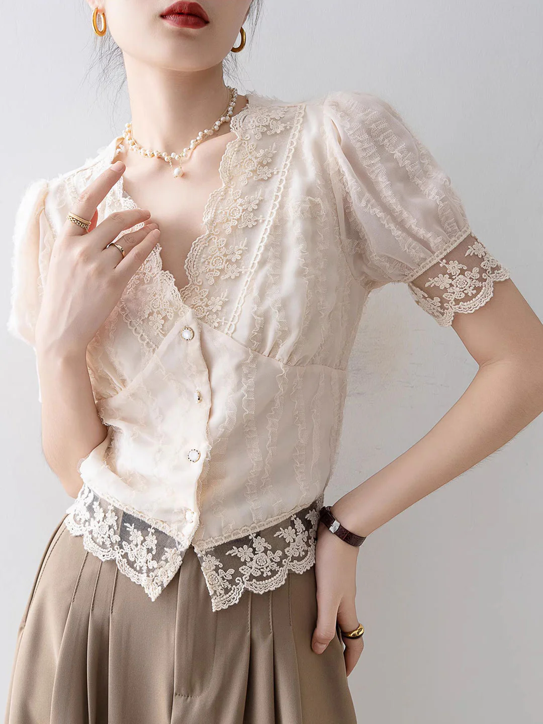 French Neck Flared Sleeve Hollow Out Lace Short Sleeve Blouse Top