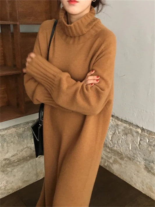 Simple Camel Turtleneck Long Sleeve Slit Hem Knitted Dress