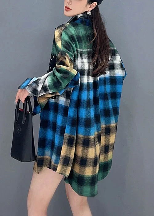 Street Yellow Plaid Button Patchwork Cotton Blouses Long Sleeve