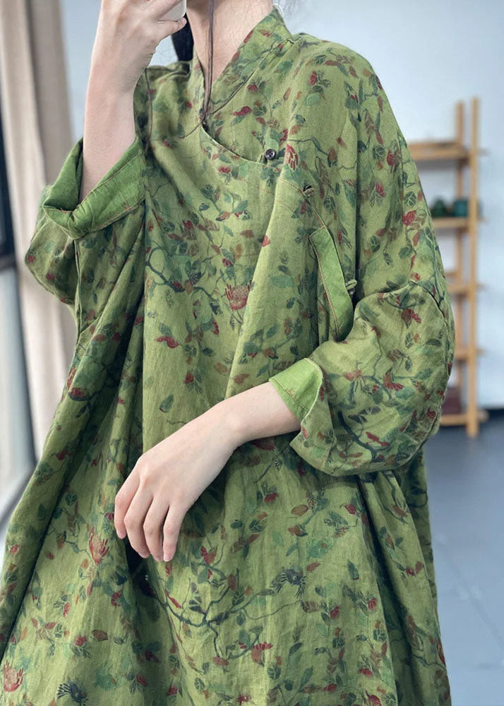 Vintage Green Oversized Print Cotton Dresses Batwing Sleeve