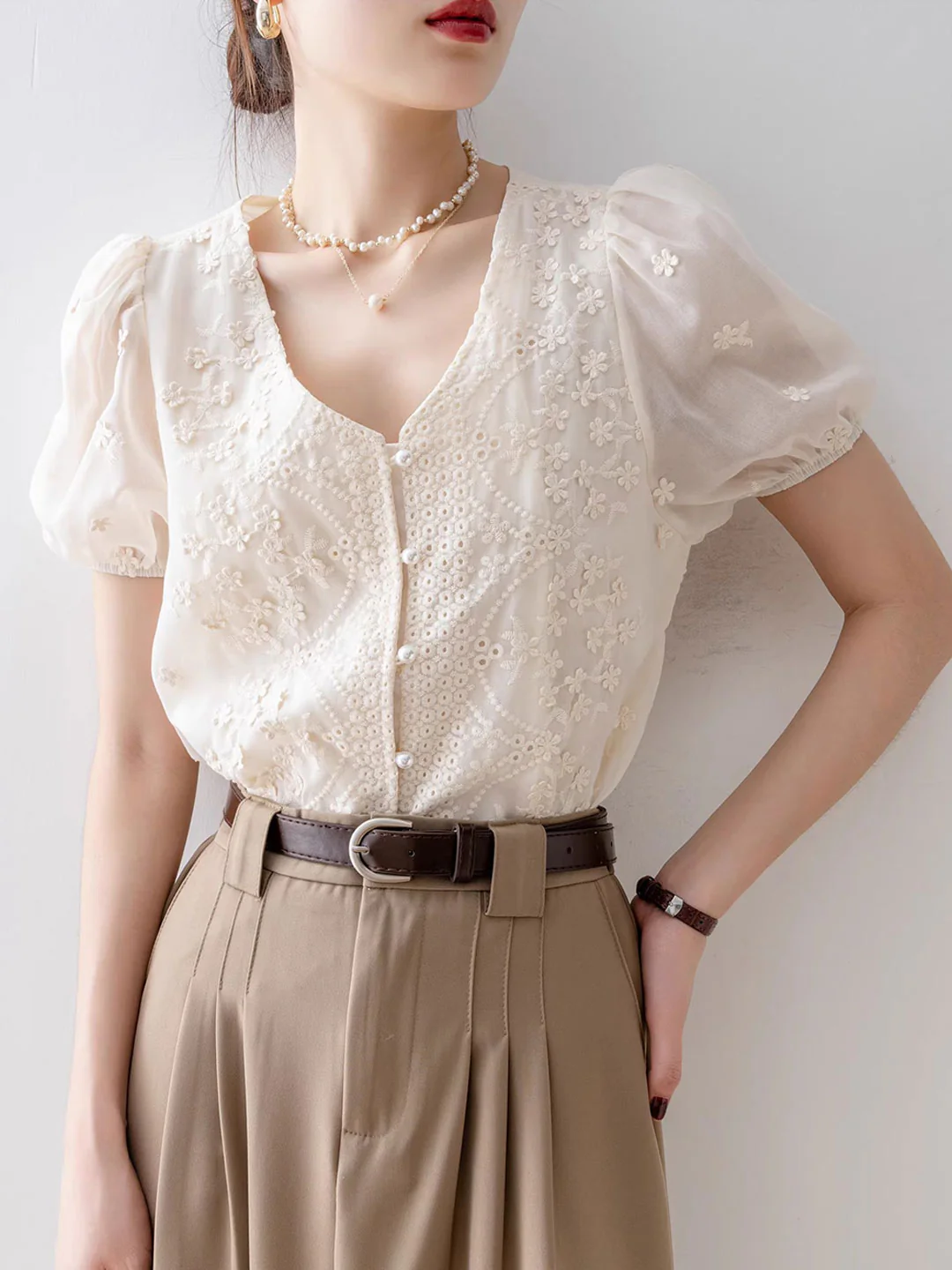 Elegant Collar Bubble Sleeve Lace Chiffon Blouse Top