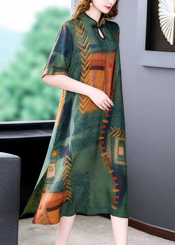 Vintage Green Stand Collar Print Side Open Patchwork Silk Dresses Summer