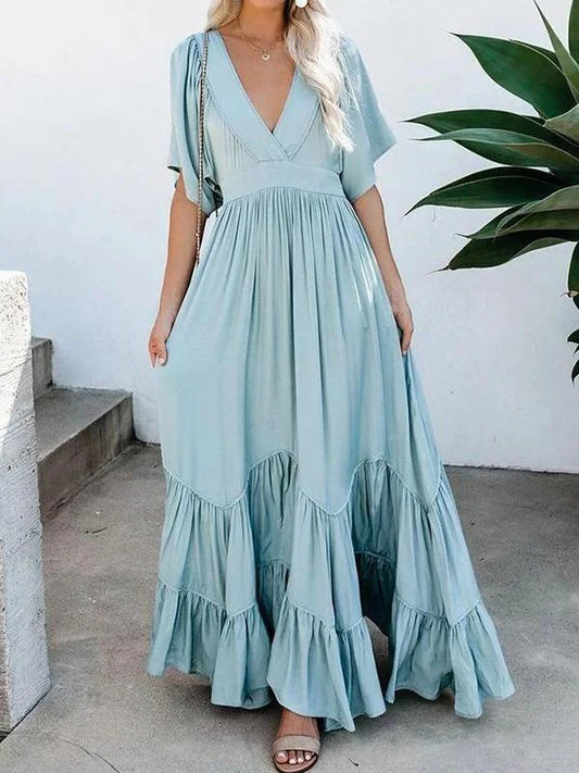 Pure V-Neck Pocket Belted Bohemian Maxi Dress