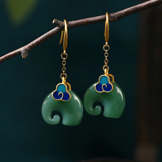 Elephant Imitation Hetian Jade Vintage Style Earrings