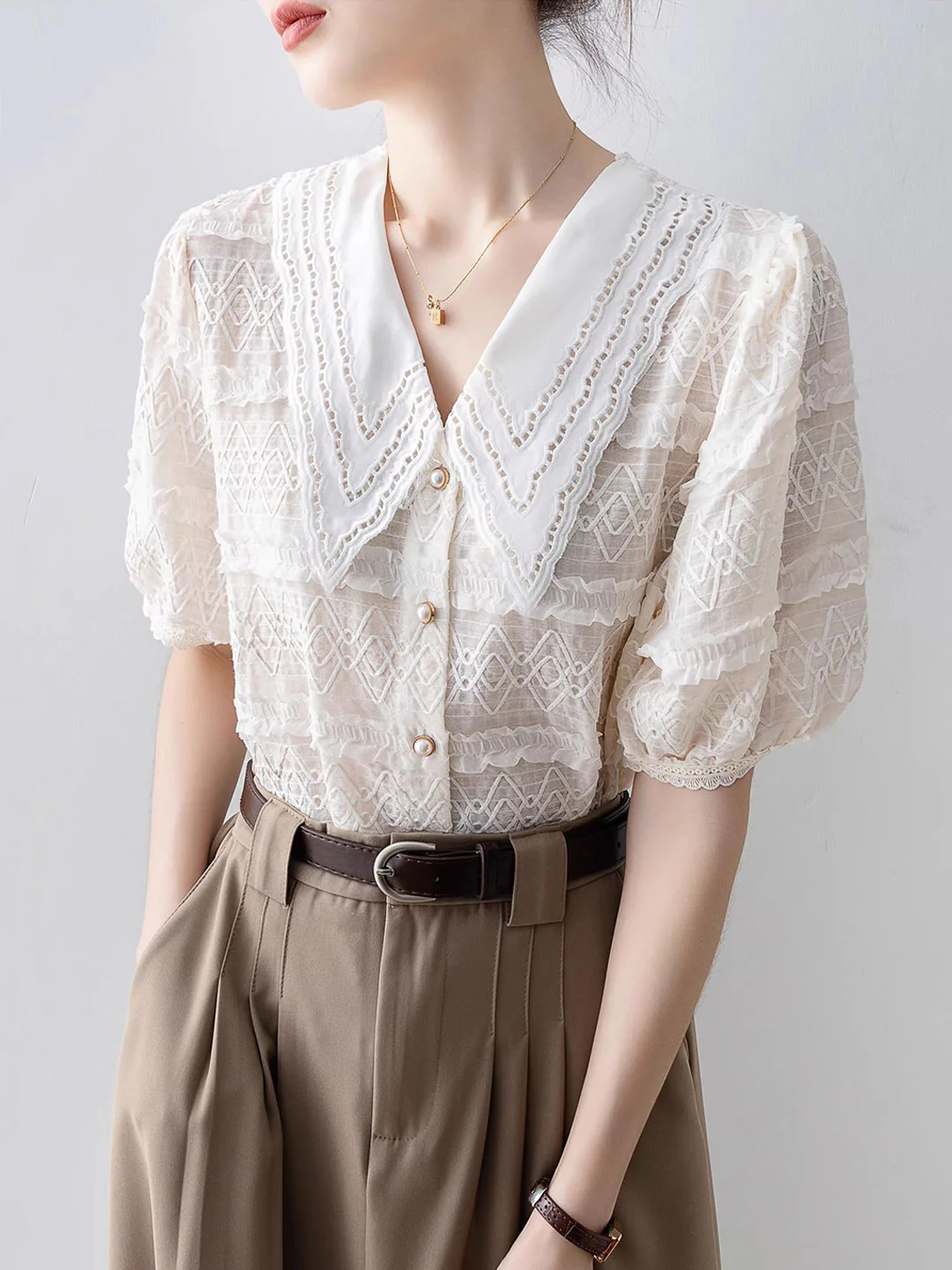 Elegant Doll Neck Lace Cardigan Blouse Top