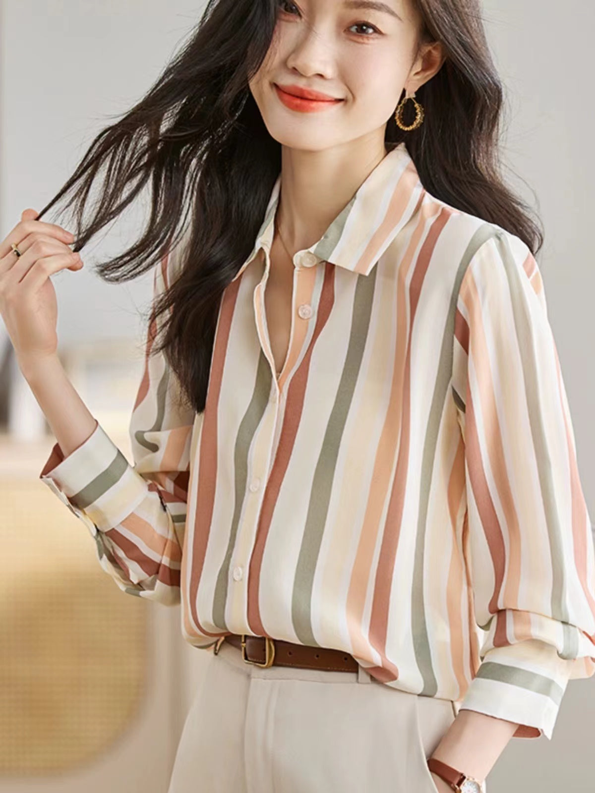 Vintage V-Neck Striped Short Sleeve Shirt