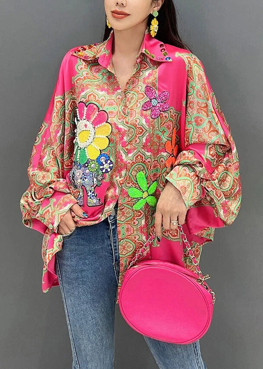 Chic Rose Nail Bead Print Patchwork Silk Shirt Batwing Sleeve