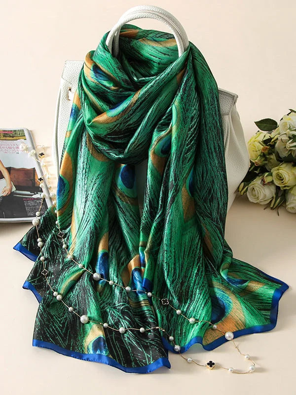 Vintage Peacock Printed Silk Imitation Shawl&Scarf