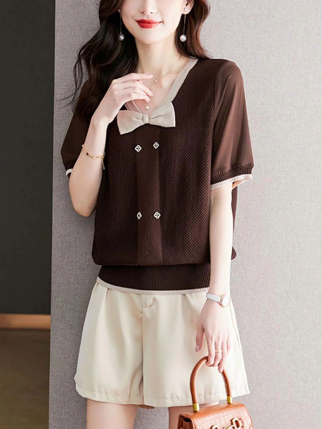 Elegant V-Neck Bow Knit Short Sleeve Blouse Top