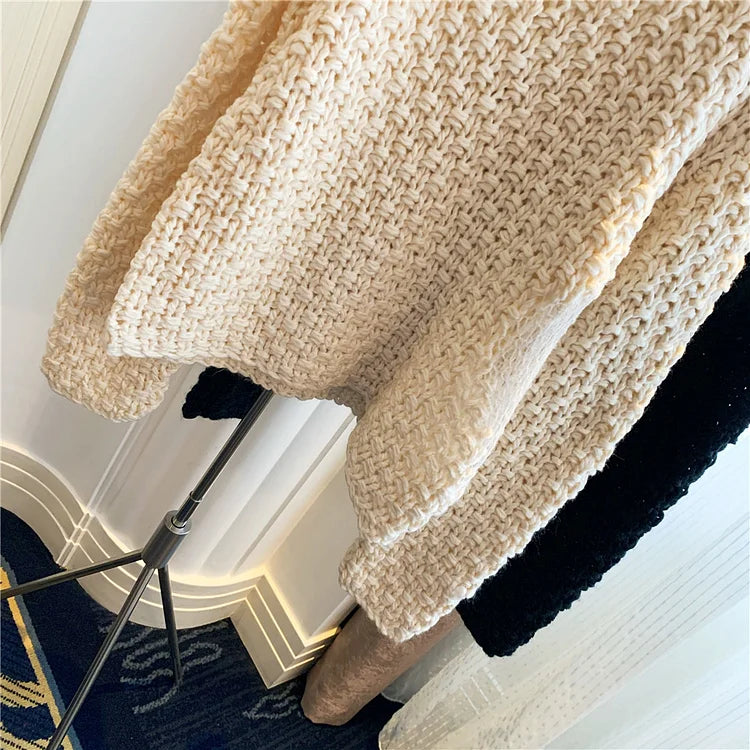 Design Beige Loose Round Neck Hollow Out Patchwork Weave Knitted Long Sleeve Sweater