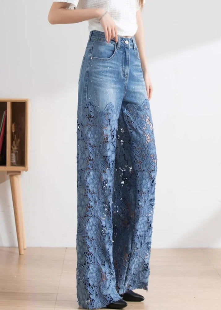 Vogue Blue Lace Patchwork Hollow Out High Waist Denim Pants