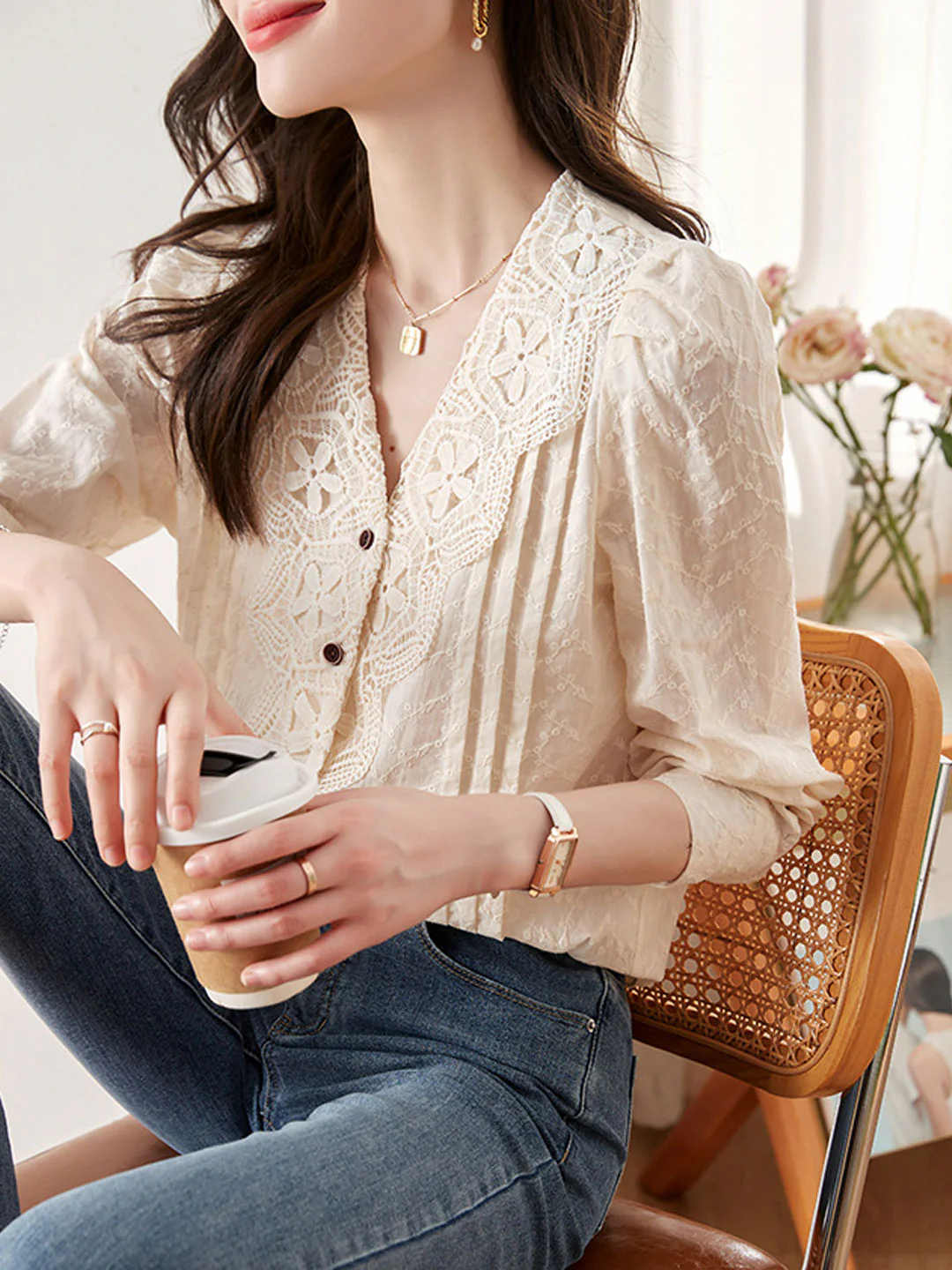 Elegant Lantern Sleeve Lace Blouse Top