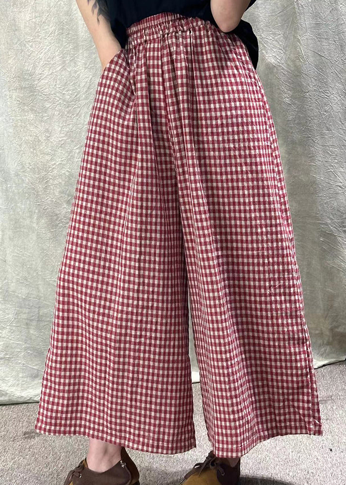 Loose Plaid Pocket Elastic Waist Cotton Wide Leg Pants