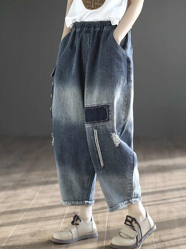 Hollow Elasticity Applique Vintage Denim Ninth Pants