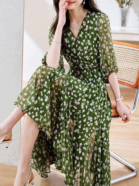 French Floral Wrap Waist Color Clash Short Sleeve Dress