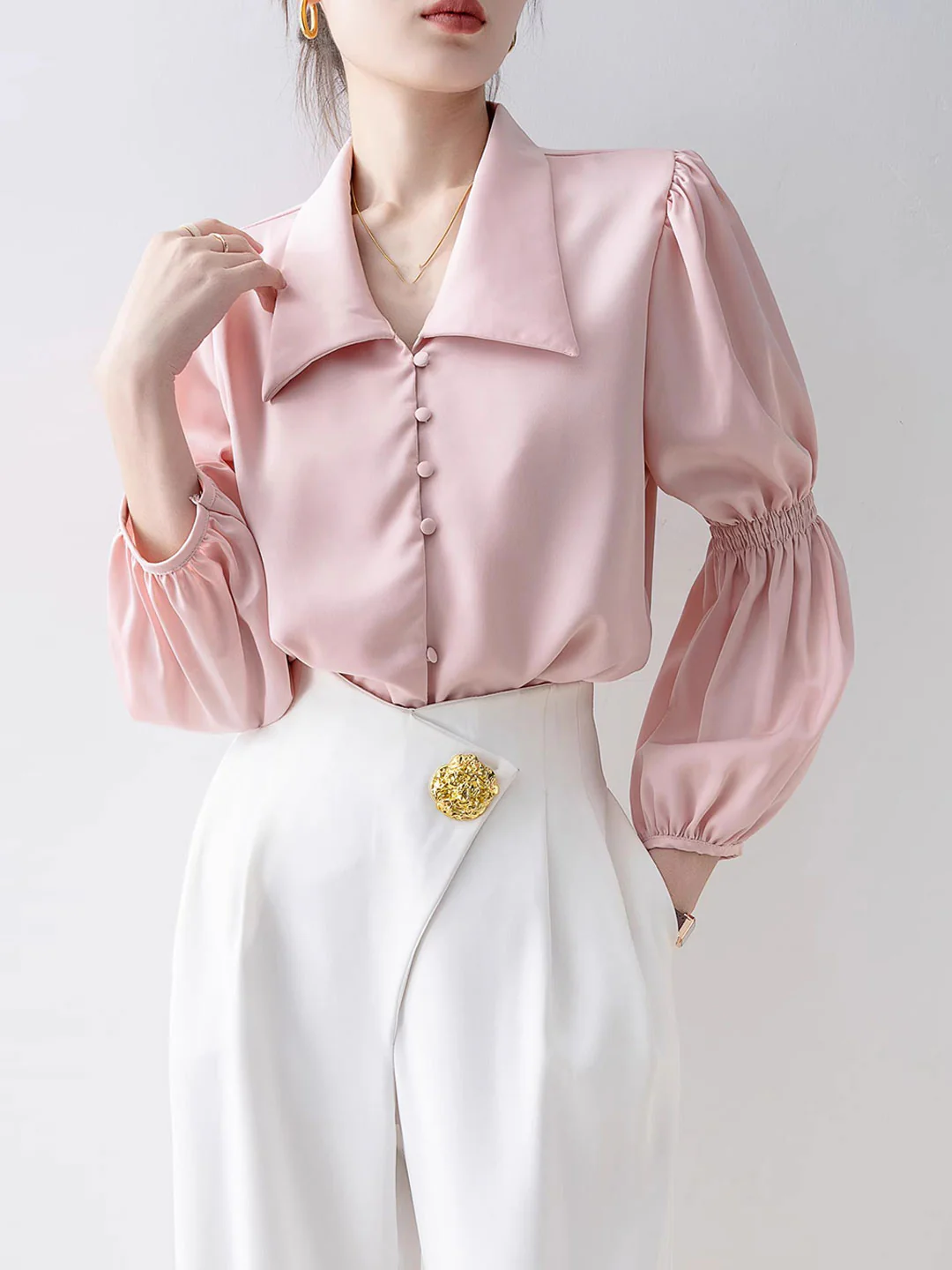 Elegant Lantern Sleeve Long Sleeve Lapel Blouse Top