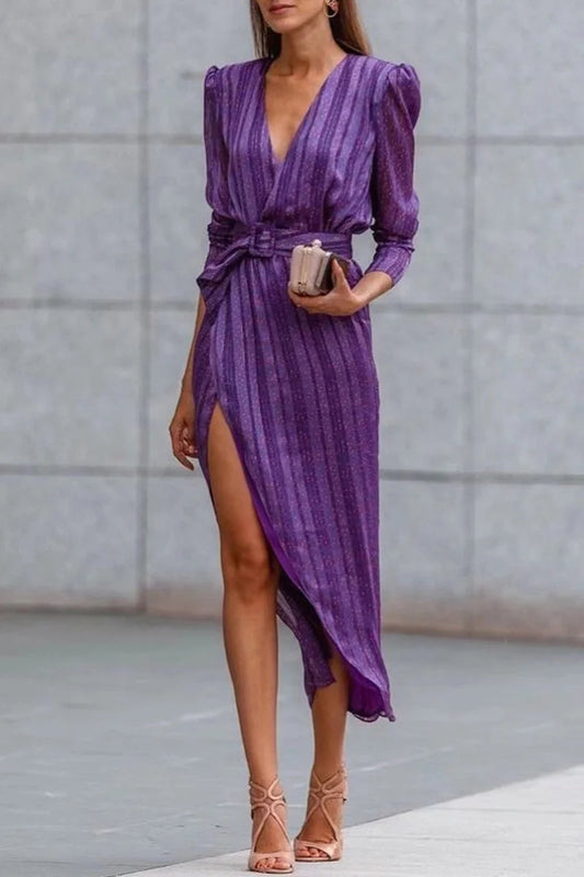 Elegant Striped Patchwork Asymmetrical V Neck Waist Dresses