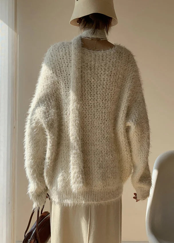 Apricot Solid Cozy Cotton Knit Winter Sweater V Neck