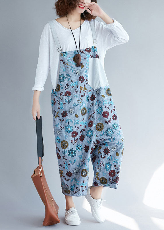 light Grey pockets Patchwork Casual Floral denim Jumpsuits