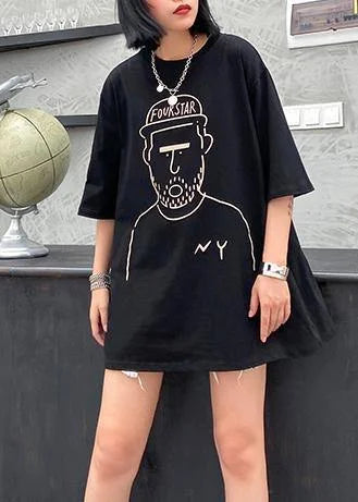 French Black O Neck Cartoon Print Half Sleeve T Shirt