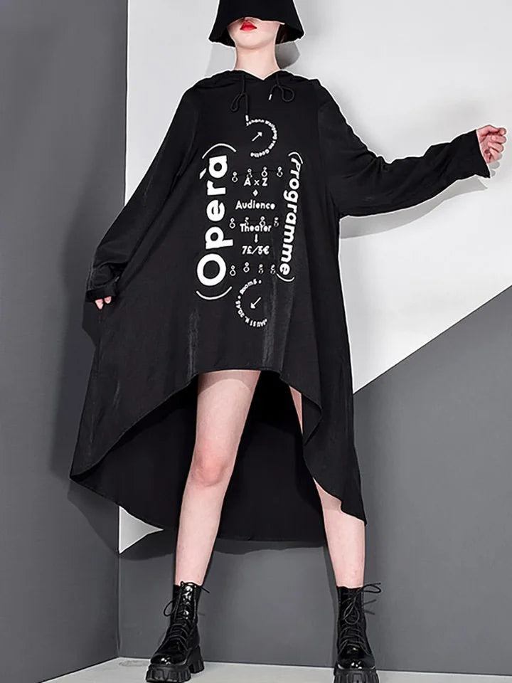 Chic Loose Hooded Letter Printed Splicing Sequined Long Sleeve Short Front Long Back Dress