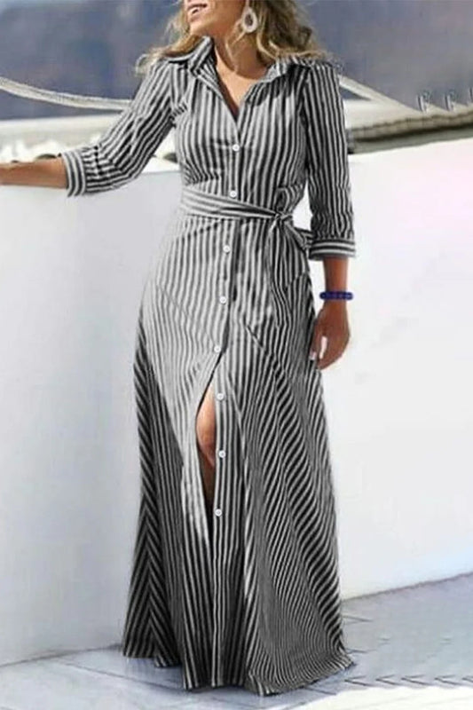 Casual Striped Print Buckle With Belt Turndown Collar Shirt Dress