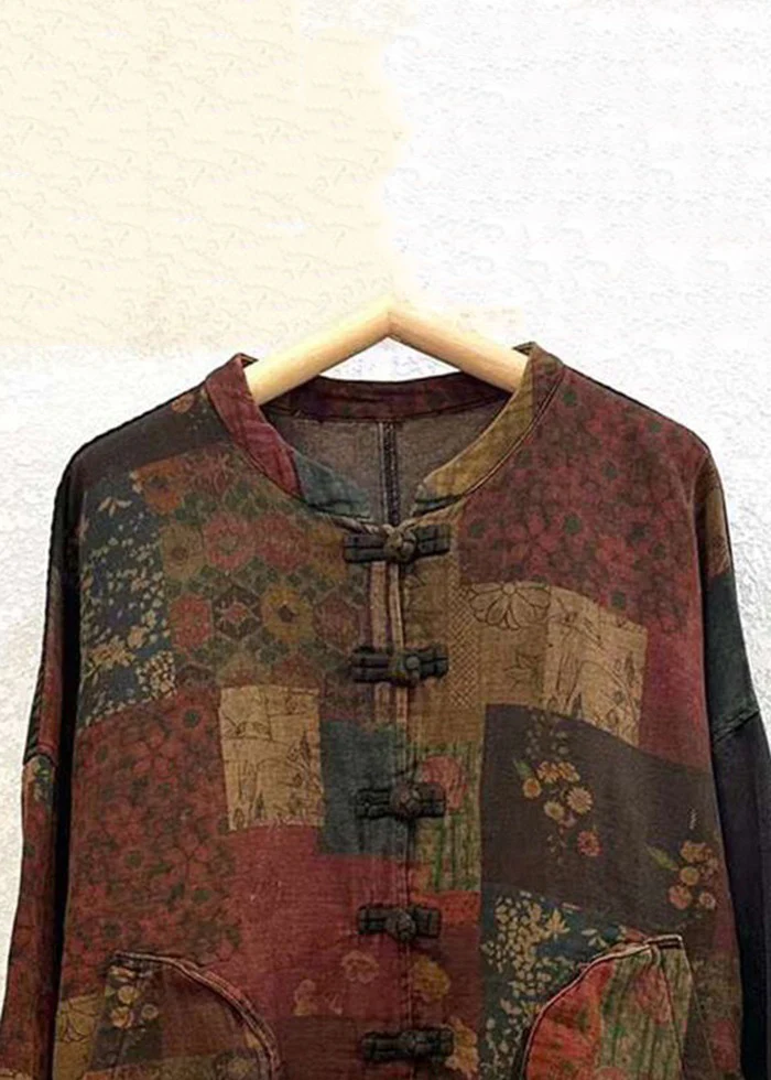 Chinese Button Patchwork Cotton Long Sleeve Shirt Top