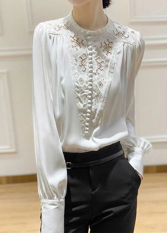 Cozy White O-Neck Embroideried Floral Shirt Long Sleeve