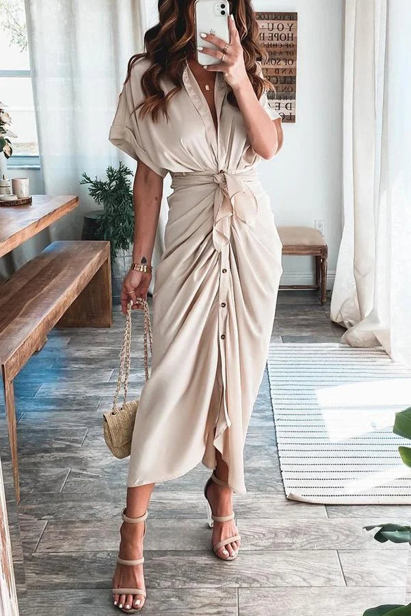 Amazing Satin Button Down Style Drape Dress