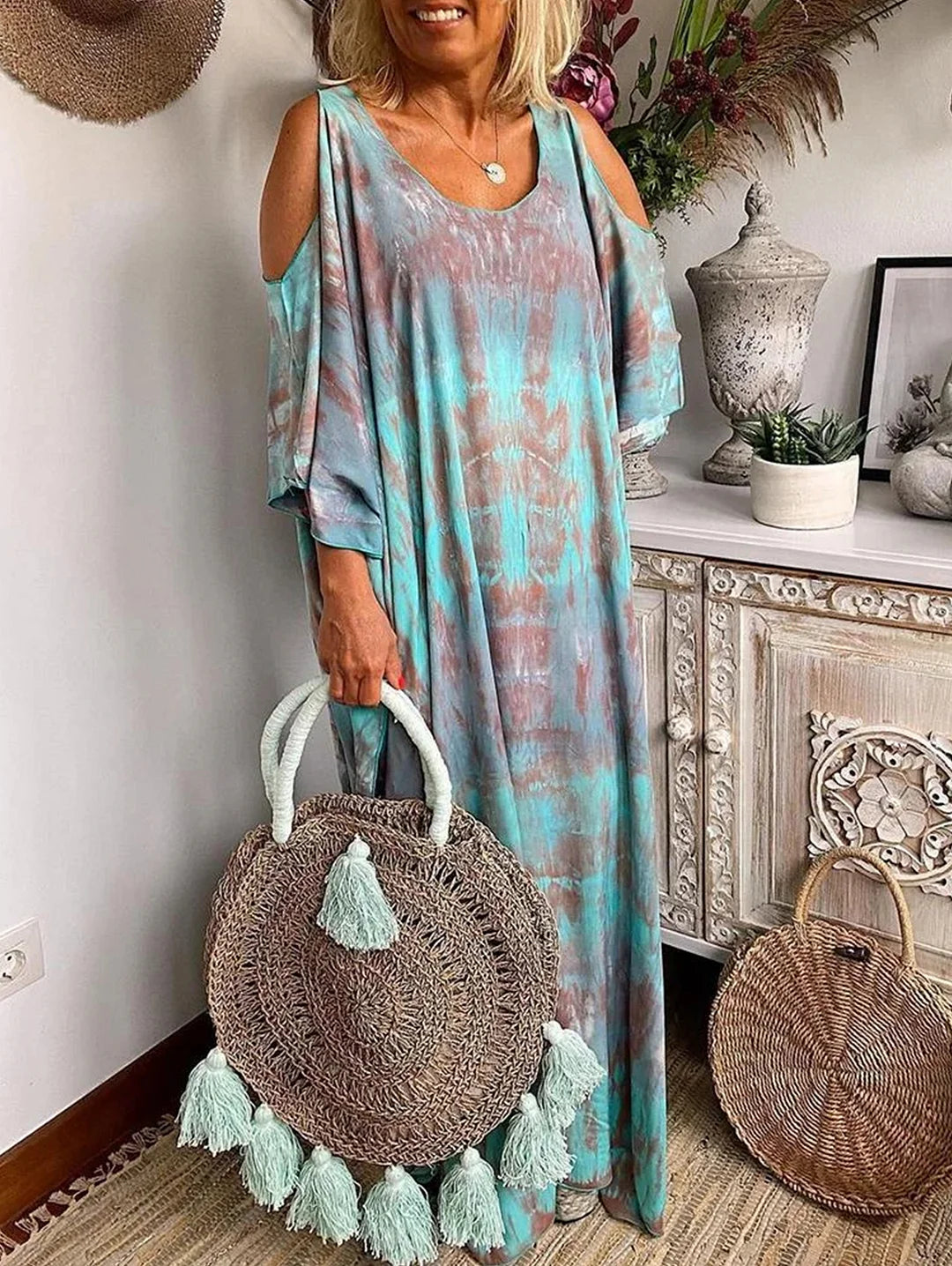 Casual Tie Dye Sleeve Loose Maxi Dress Short Sleeve