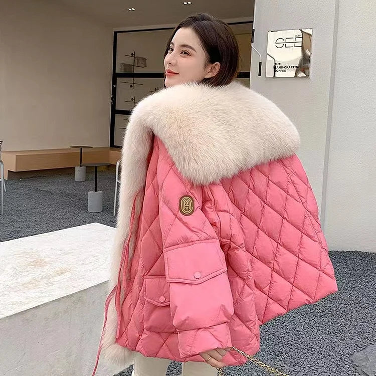 Chic Pink Fur Collar Oversized Duck Down Puffers Jackets Winter（Removable fur collar）