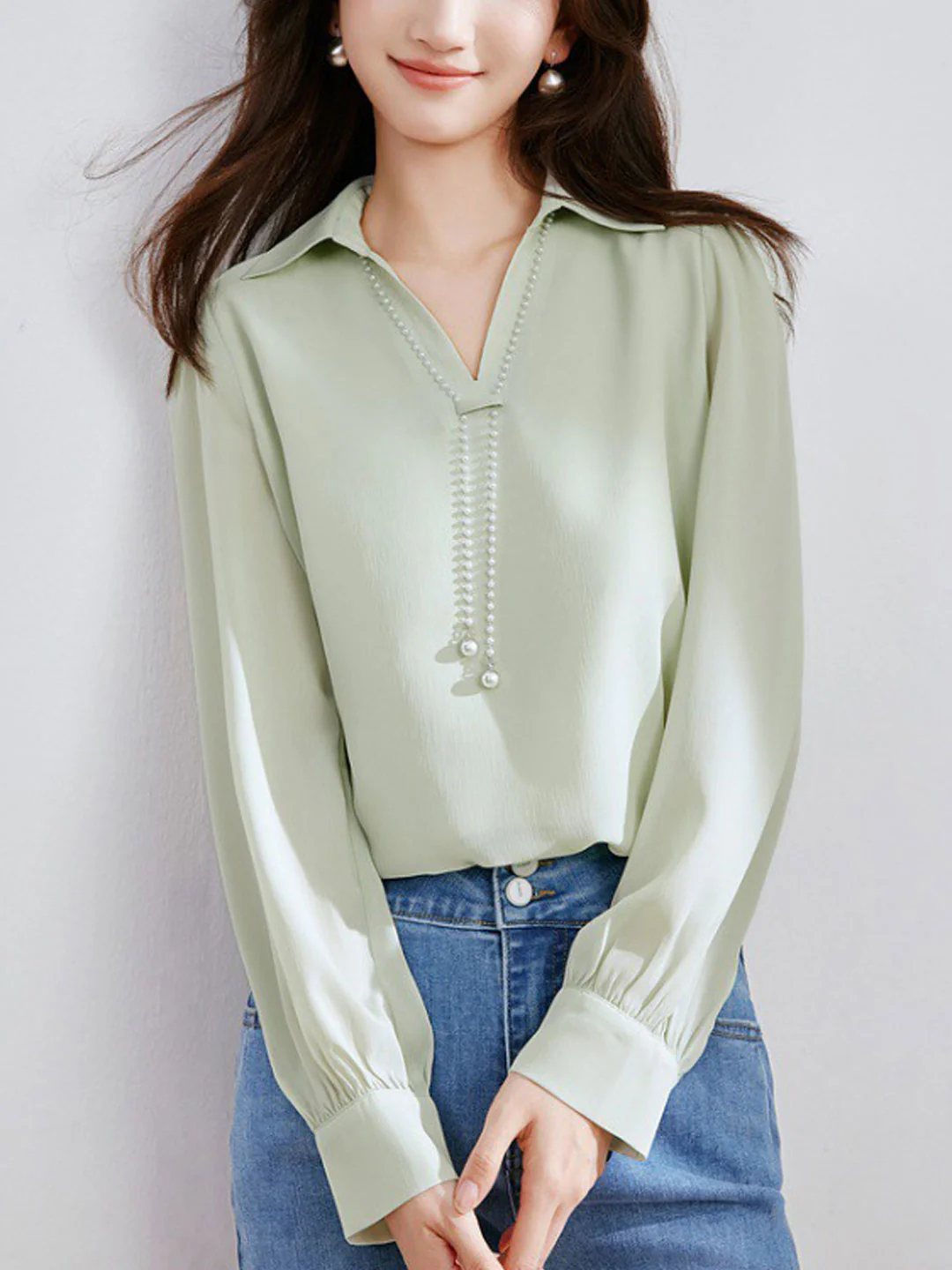 French V-Neck Lapel Satin Long Sleeve Shirt Top