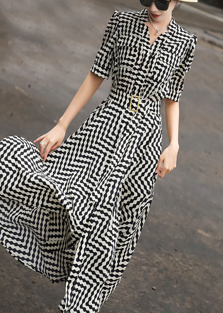 Elegant Striped Tie Waist Chiffon Dress