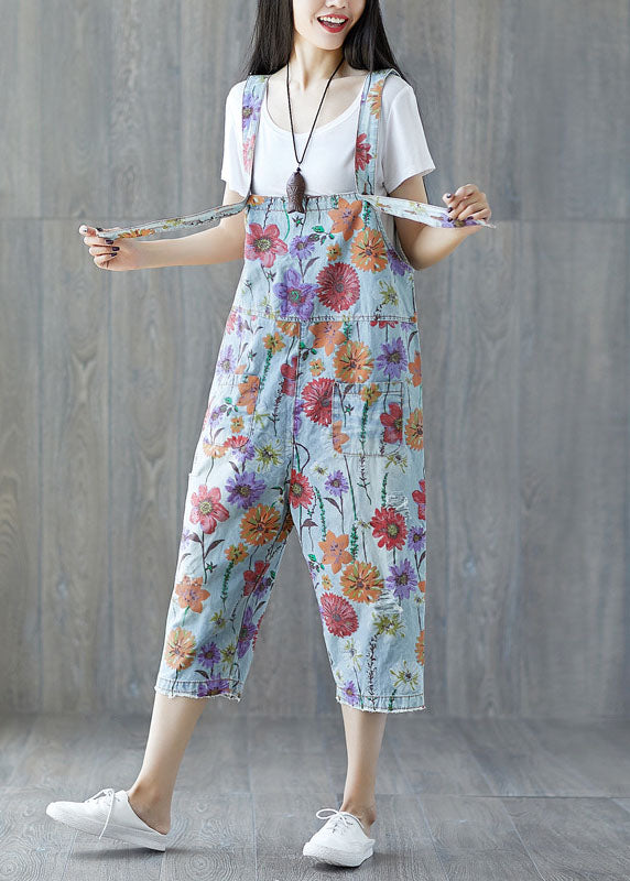 Light Blue Floral Denim Jumpsuit with Classic Pockets