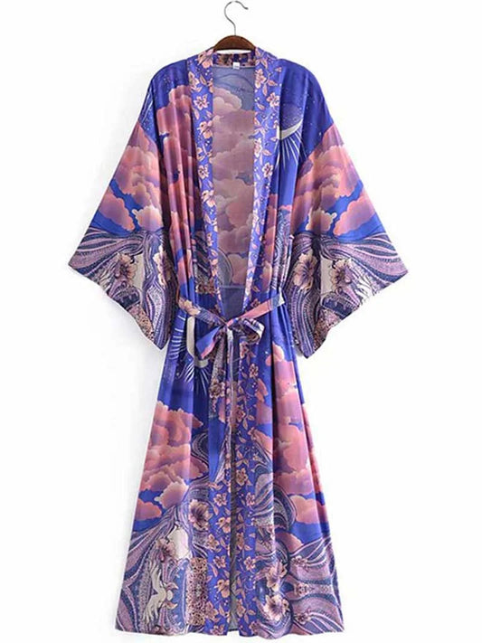 Fancy Purple Sky Printed Silk Half Sleeve Long Gown Kimono With Robe