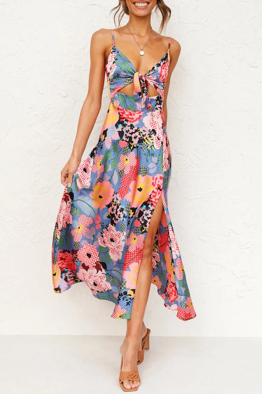 Elegant Floral Slit V Neck Sling Dress