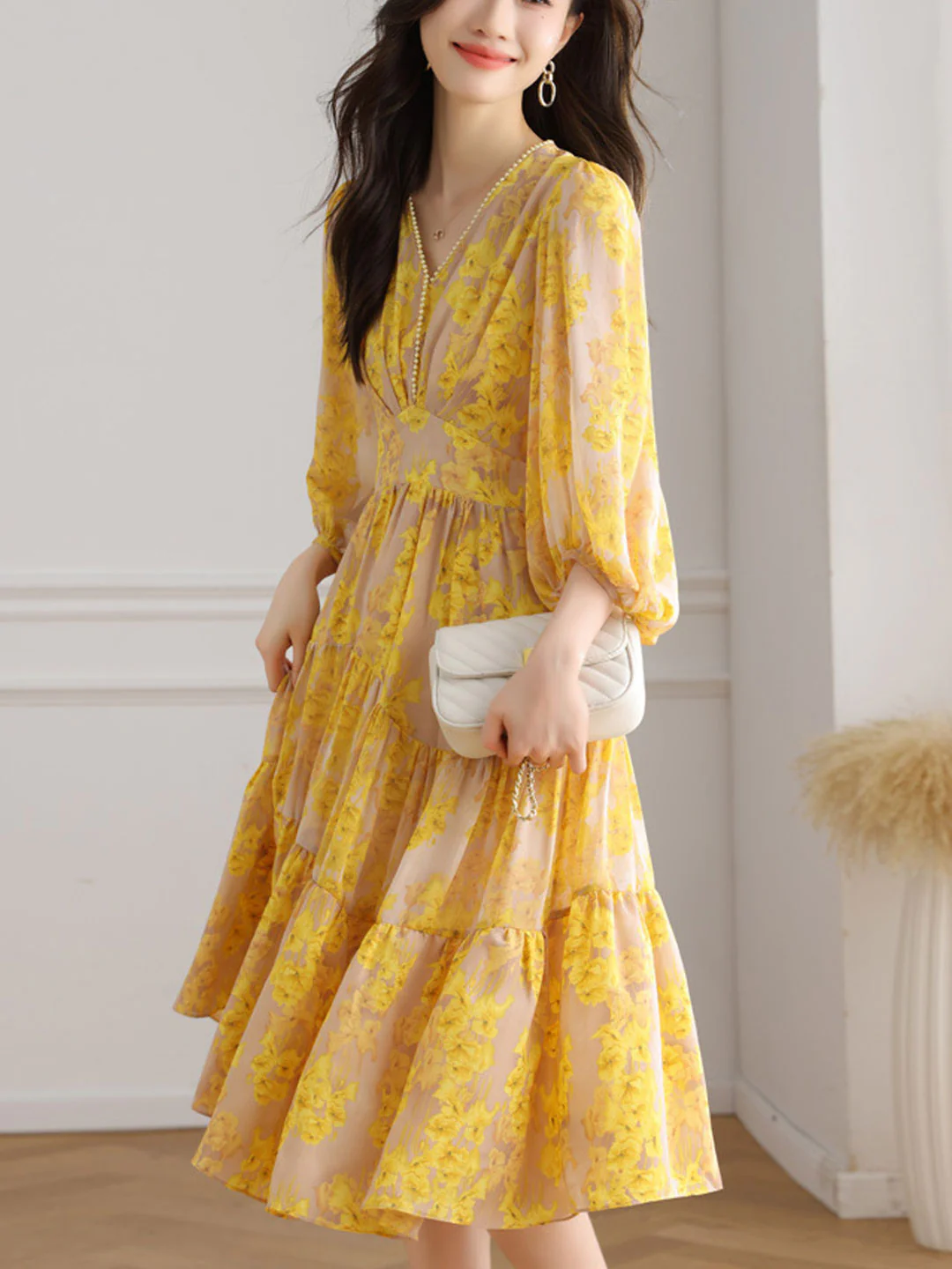 French V-Neck Lantern Sleeve Printed Long Dress