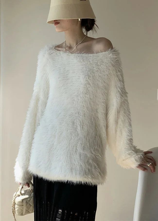 Simple White O-Neck Solid Mink Velvet Knit Sweater Winter