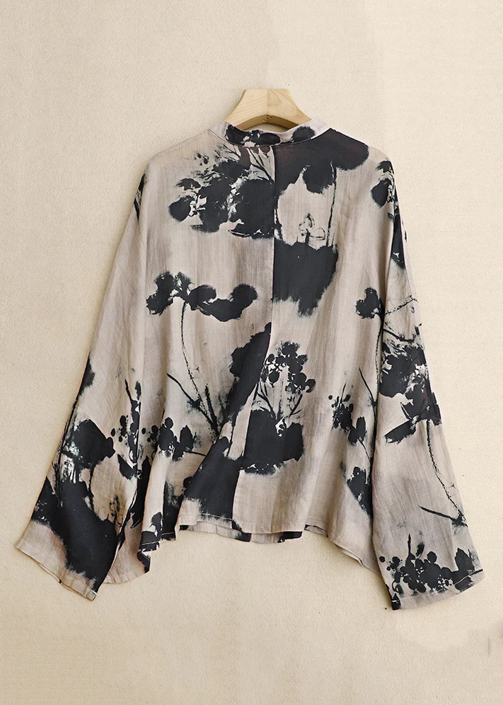 Chinese Printed Buttoned Cotton Long Sleeve Shirt Top