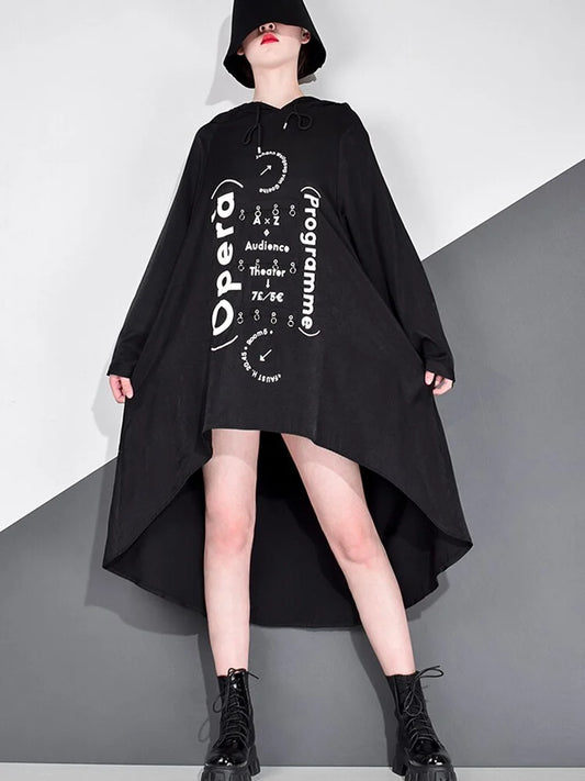 Chic Loose Hooded Letter Printed Splicing Sequined Long Sleeve Short Front Long Back Dress