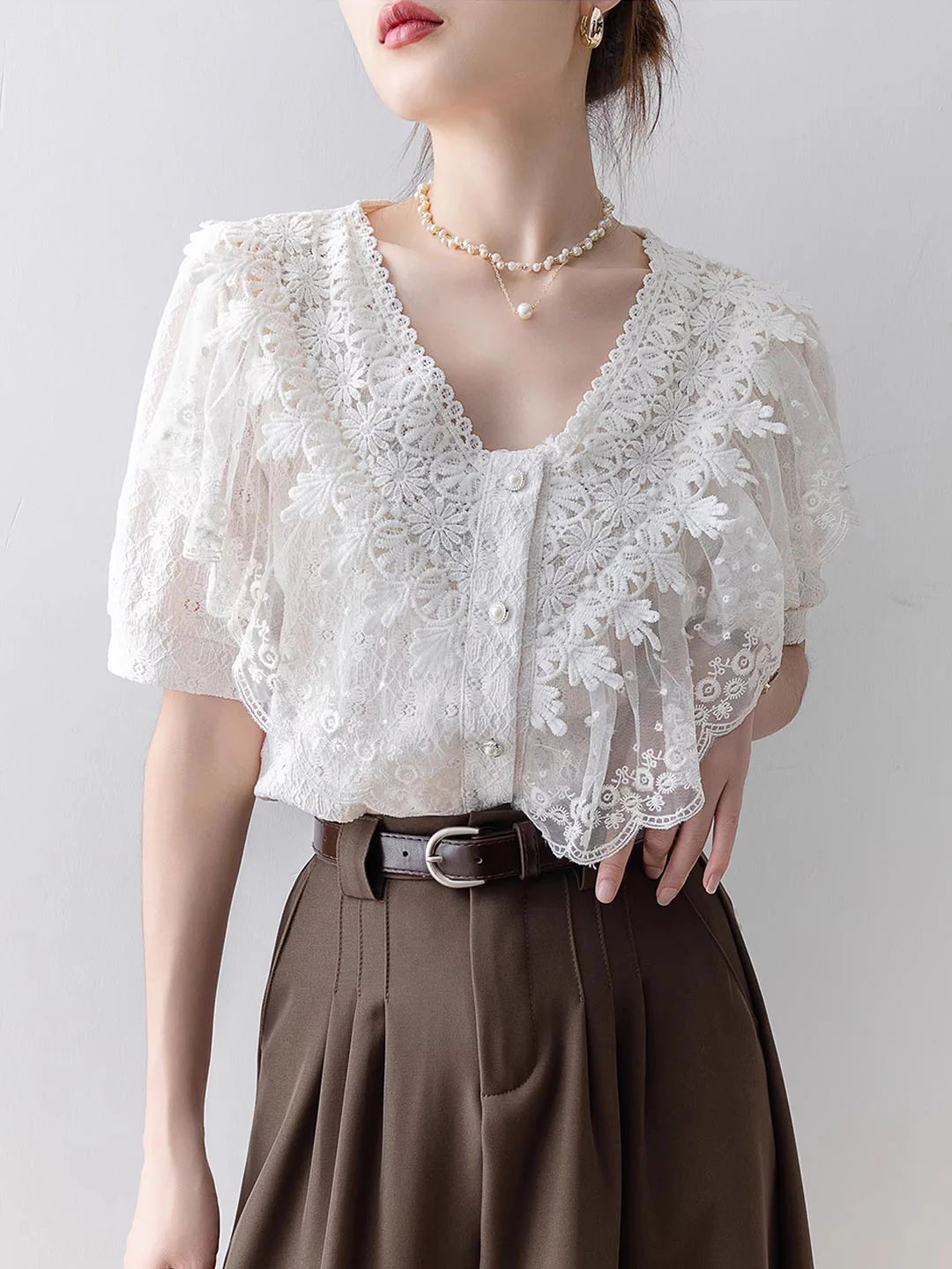 Elegant V-Neck Lace Patchwork Short Sleeve Blouse Top