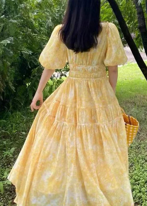 Bohemian Yellow V Neck Print Chiffon Long Dress Summer