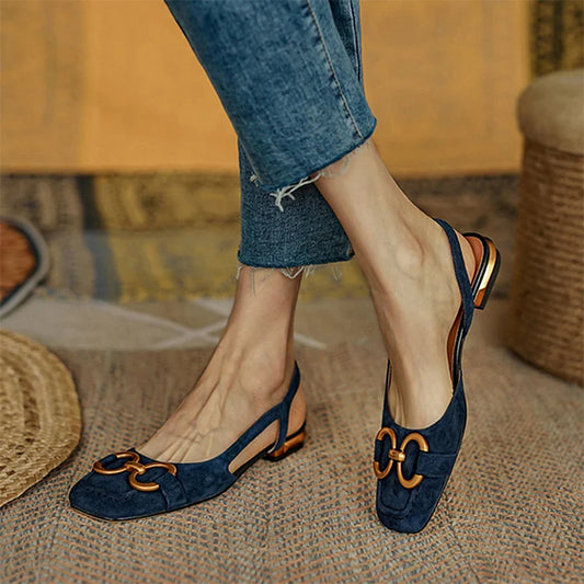 Blue Suede Square Toe Flat Sandals Solid Metallic Buckle Upper Slingback Pumps