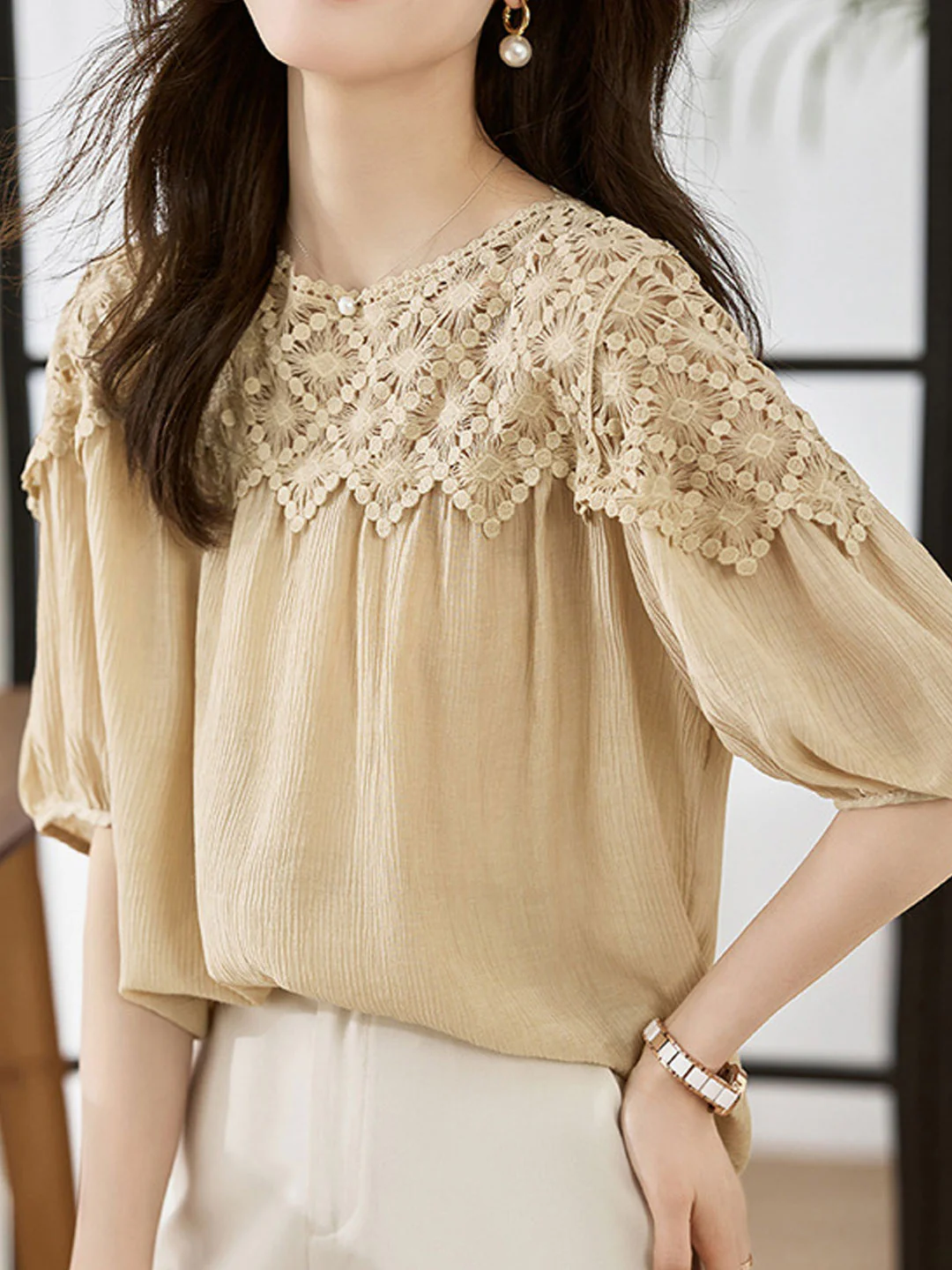 Elegant Lace Patchwork Cotton Interrupted Blouse Top